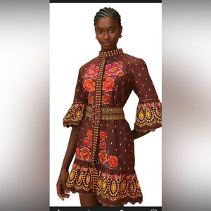 FARM Rio Brown Dress with Vibrant Floral Embroidery